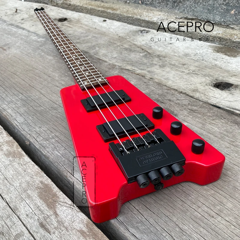 4-струнная красная бесголовая электрическая бас-гитара фингерборд из палисандра