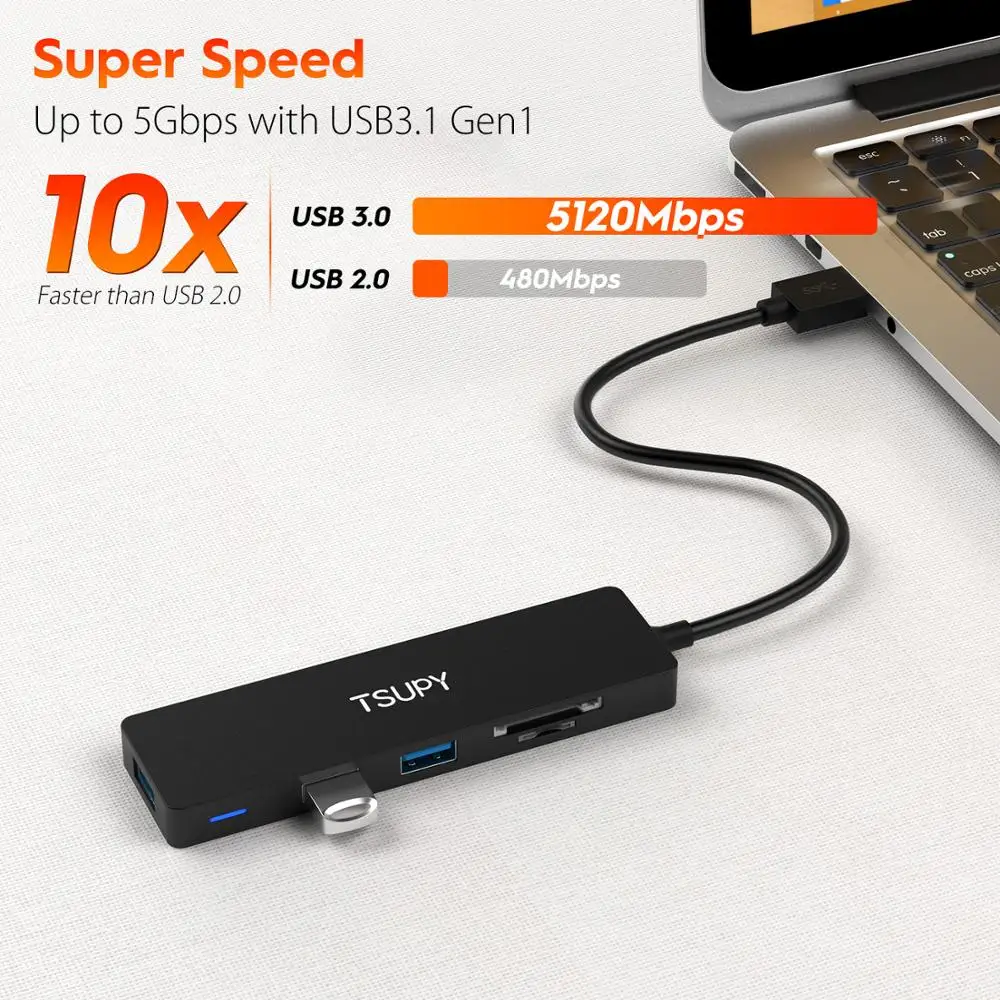 TSUPY тонкий размер usb-хаб USB 3,0-SD TF кард-ридер+ 3 USB 3,0 хаб для hp lenovo ASUS Macbook Air ПК ноутбук 1,2 м длинный кабель