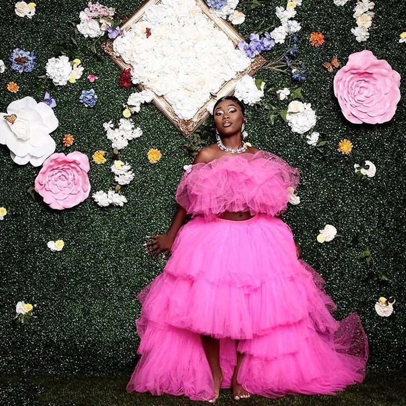 

Fashion Hot Pink 2 Pieces Tutu Women Dresses To Birthday Party Ruffles Tulle Top With Tiered High Low Skirt Sexy Women Clothing