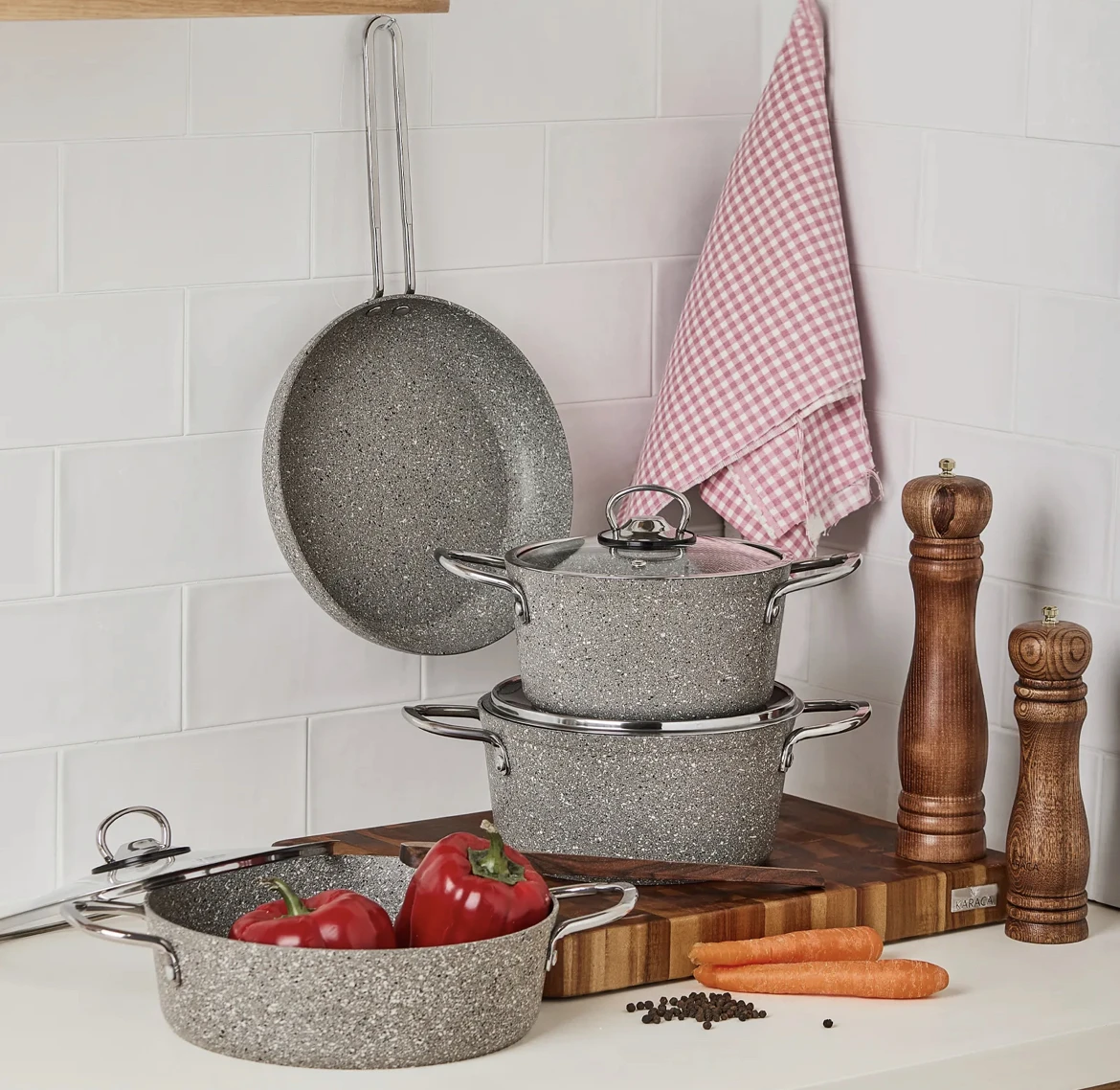 

Biogranit 7 шт набор посуды Кухня поставки удобный с антипригарным покрытием термостойкая сковорода Новый Быстрая доставка серый гранит
