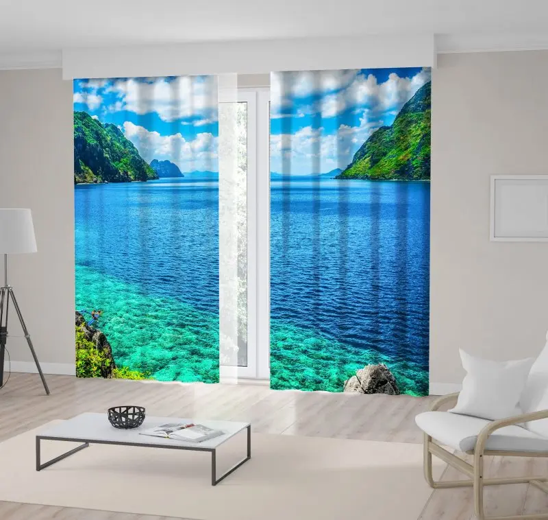 

Curtain Scenic View of Sea Bay and Mountain Islands Palawan Philippines Exotic Landscape Green Blue