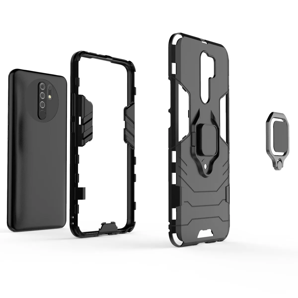 Compatible hydrogel case + Protector for Xiaomi Redmi 9 with rotating ring 360 ° hard shock resistant magnotic case