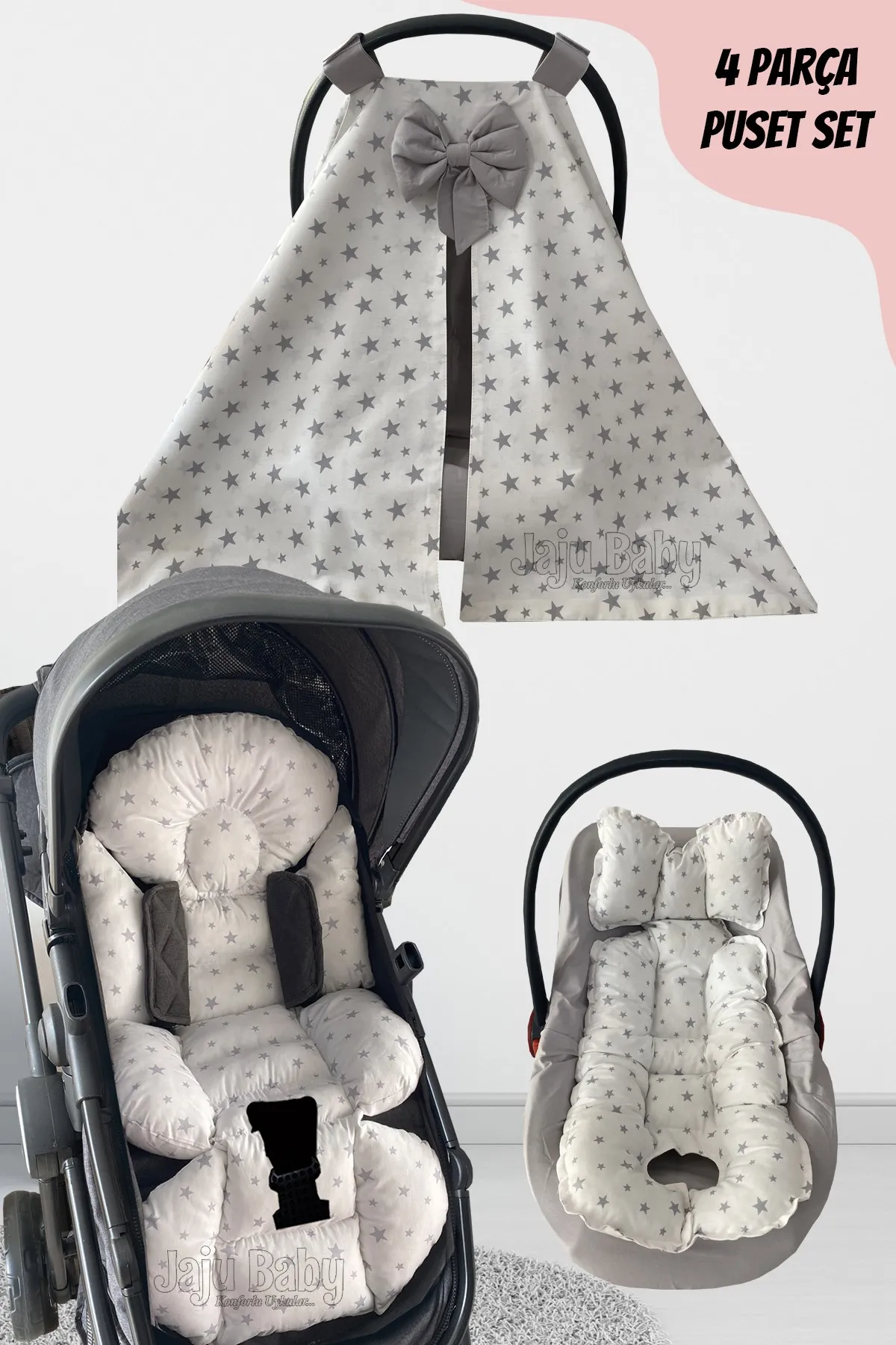 Jaju Baby Handmade, Gray Star Patterned 4-Piece Stroller Set (With Handle)