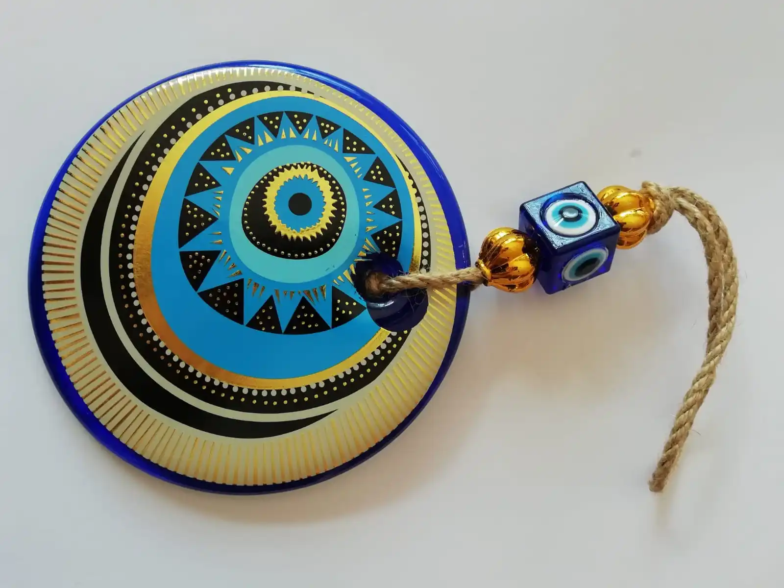 

Big Size-14 cm Diameter- Golden Gilted and Colored Patterned Glass Blue Evil Eye Wall Hanging Ornament – Turkish Nazar Bead - Ho