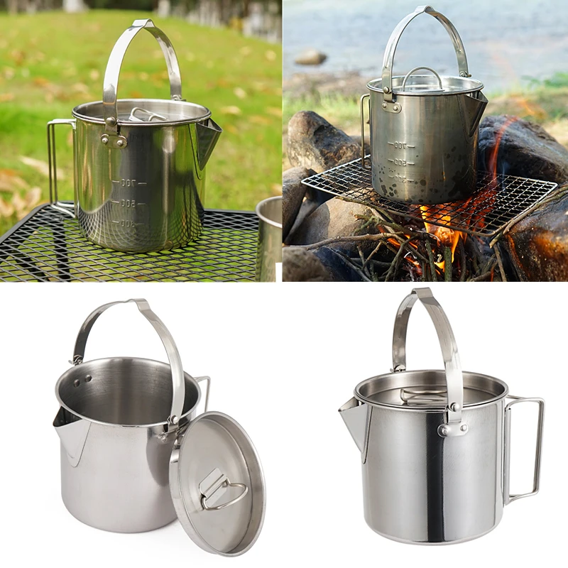 

1.2L Ultralight Stainless Steel Camping Tableware Hanging Pot with Lid Outdoor Cookware Camp Mug Soup Coffee Pot