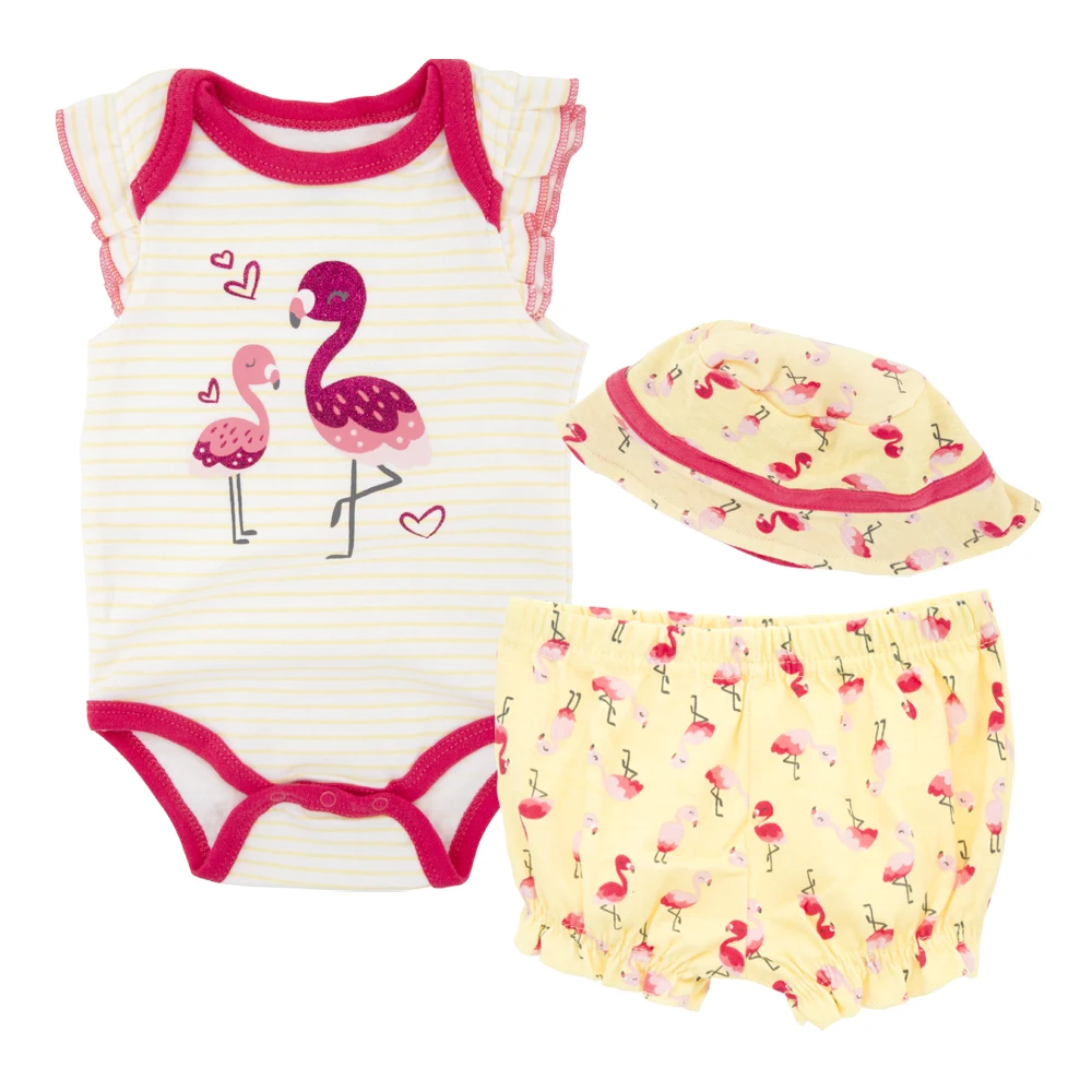 

Kavkas Summer Baby Clothing Set Girls Bodysuit Pants Hats Suit Infant Flamingo Printed Romper Costume Outfit For Little Kids