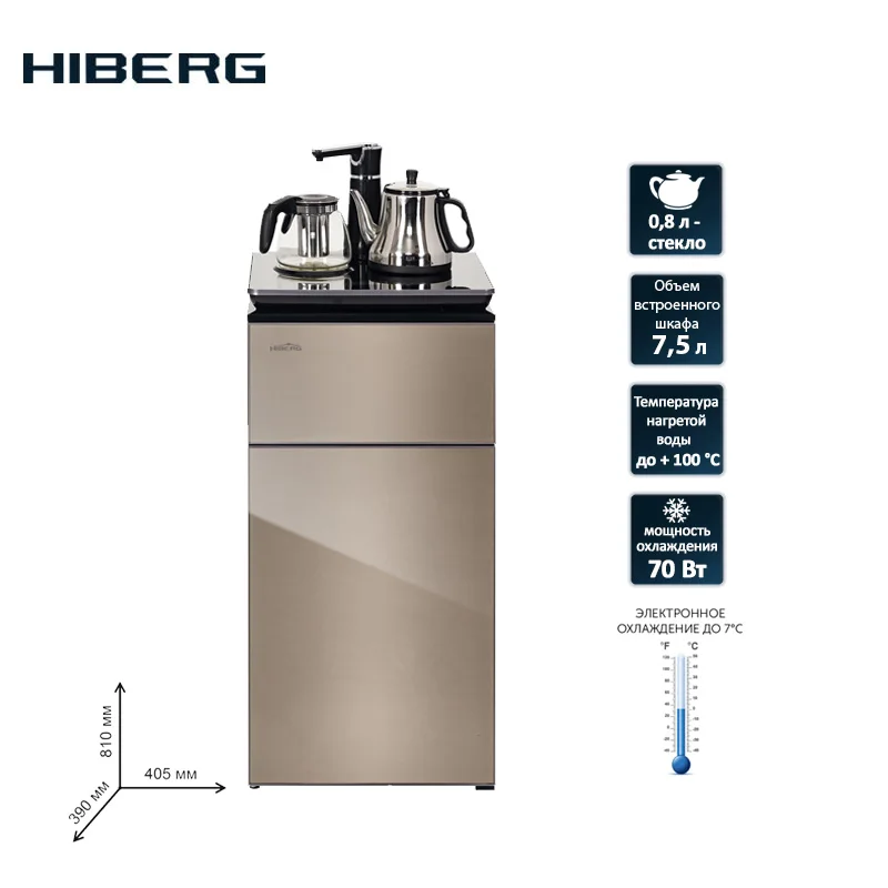 Кулер диспенсер чайный столик HIBERG F 91FGY нижняя загрузка бутылки стеклянный