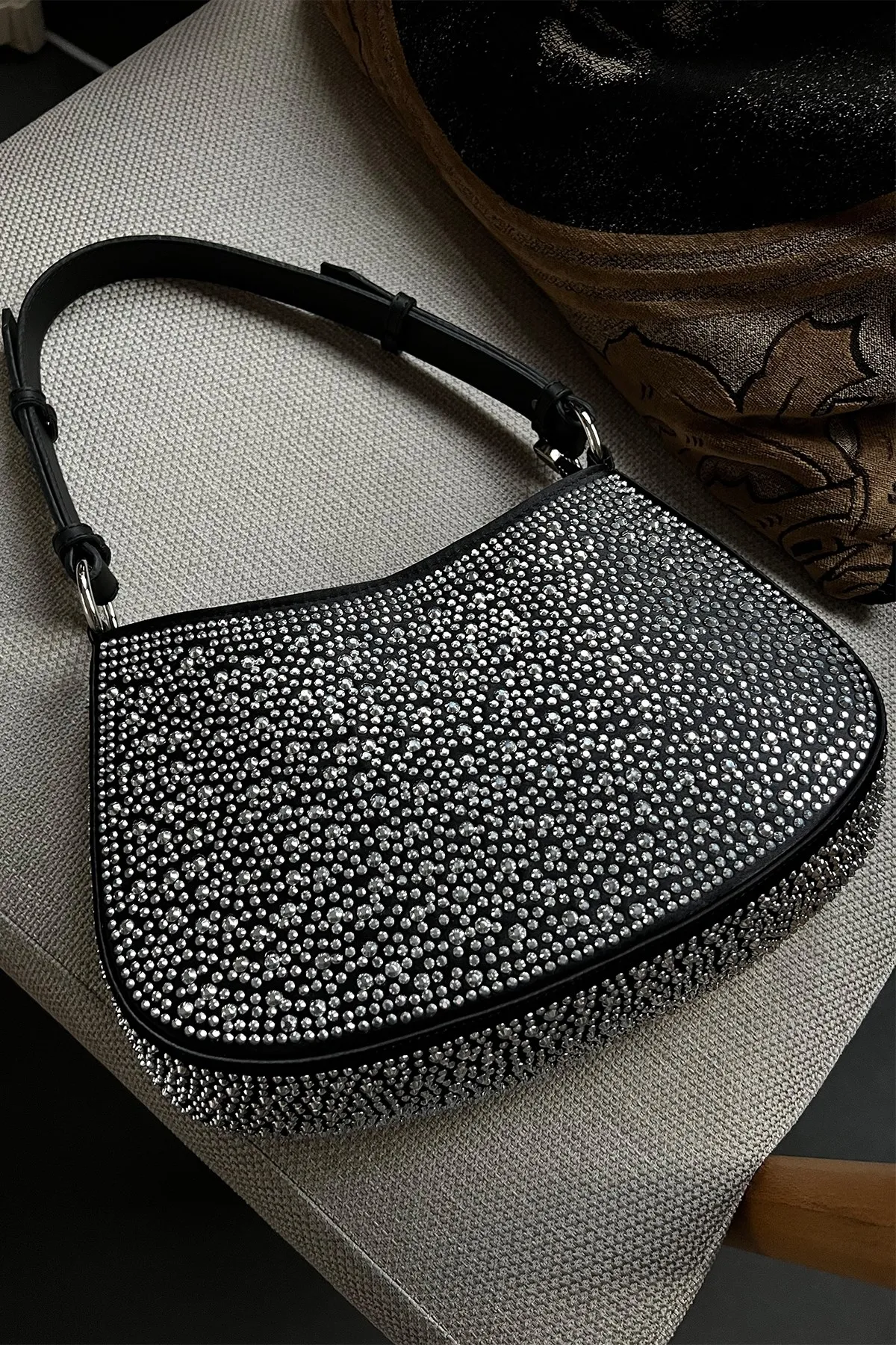 Nadia Stone Detailed Black Oval Women's Shoulder Bag. Stylish Quality Latest Fashion. Top Handle Women's Bag. Girl Bag Party Sex