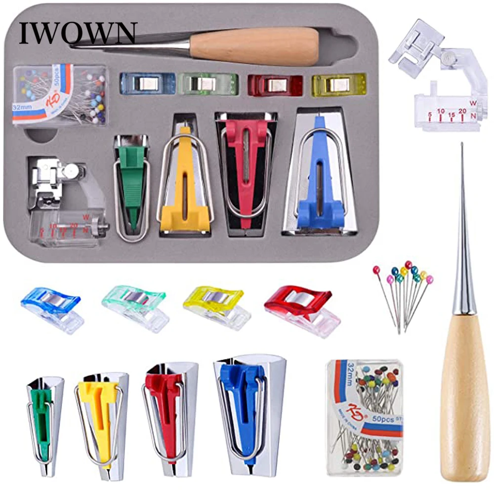

60pcs Fabric Bias Tape Makers Kit Sewing Awl Bead Pins Quilting Clips Wooden Awl Adjustable Press Foot Practical Bias Tape Maker