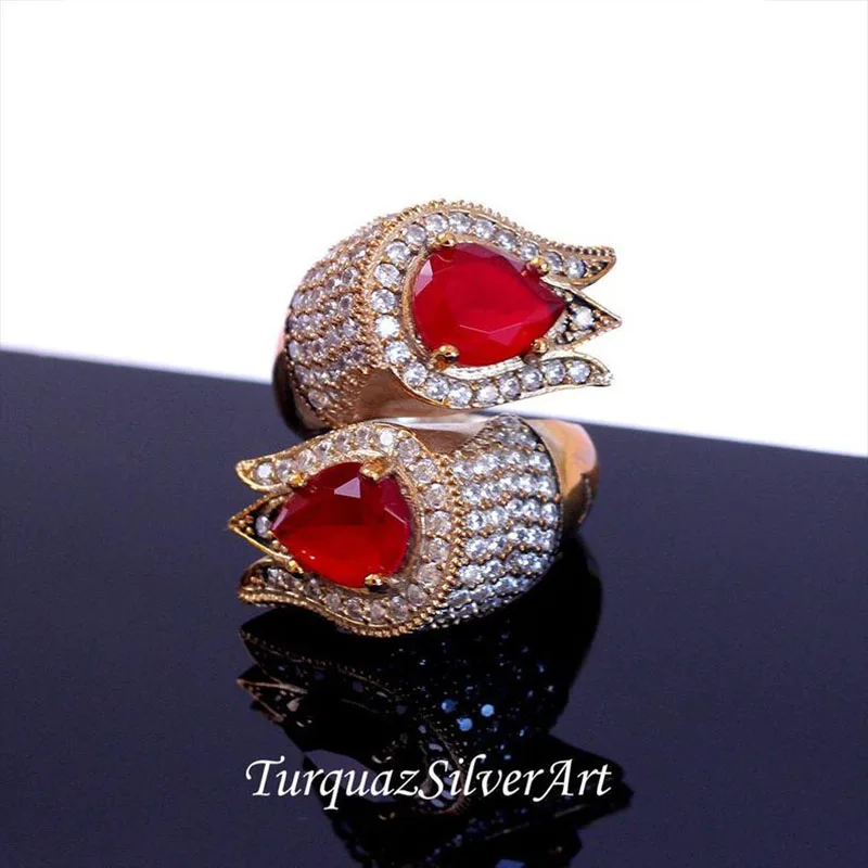 

Handmade Woman Red Tulip Zircon Gemstone Ring, Ottoman-Antique-Ancient Type Woman 925 Silver Ring