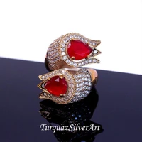 handmade woman red tulip zircon gemstone ring ottoman antique ancient type woman 925 silver ring