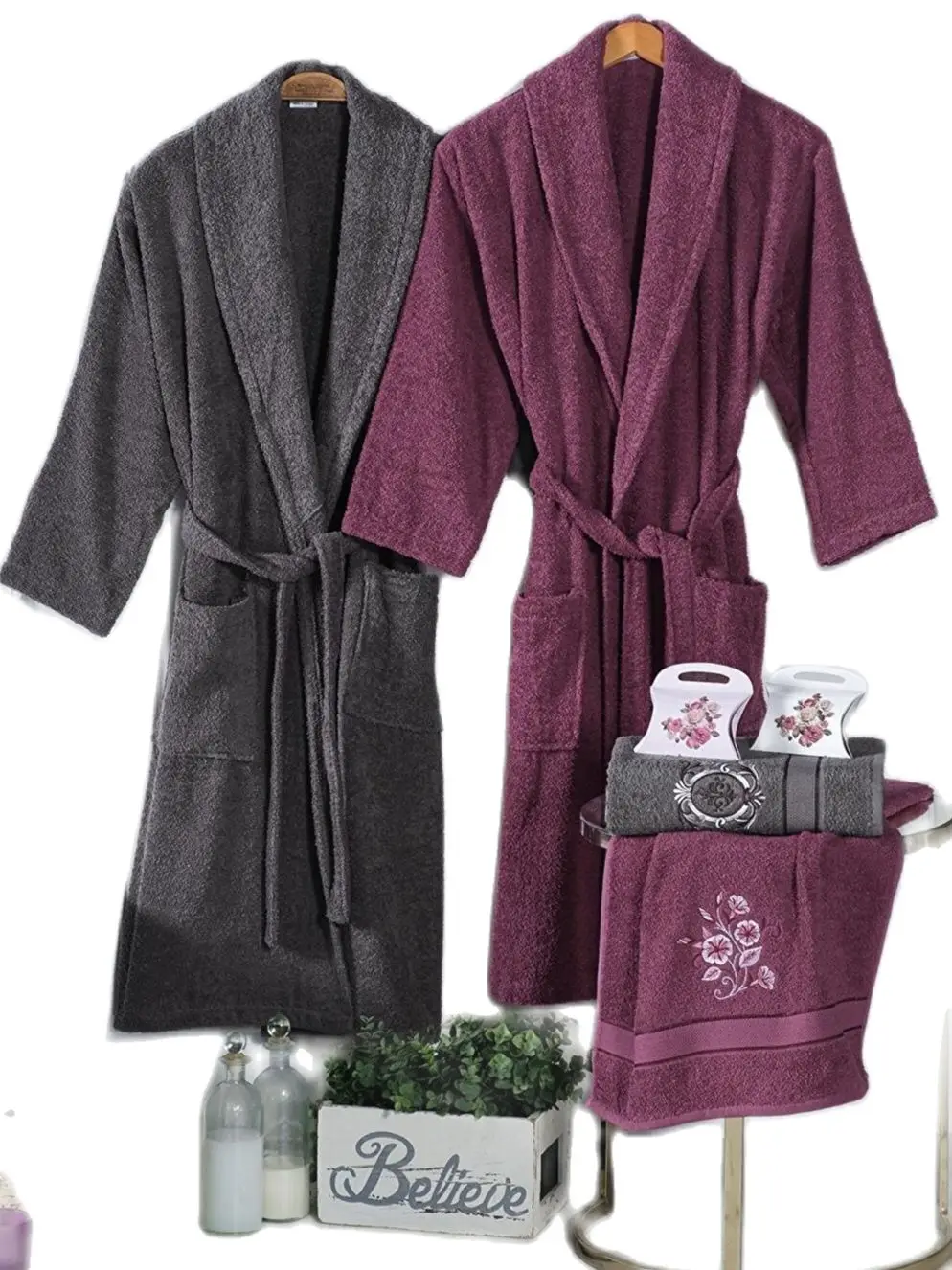 8 Pcs Lux Soft Cotton Bathrobe Set for Couple 2 Bathrobes 2 Head Towels 2 Soaps 2 Bath Gloves Hooded Made In Turkey Bathrobe Set