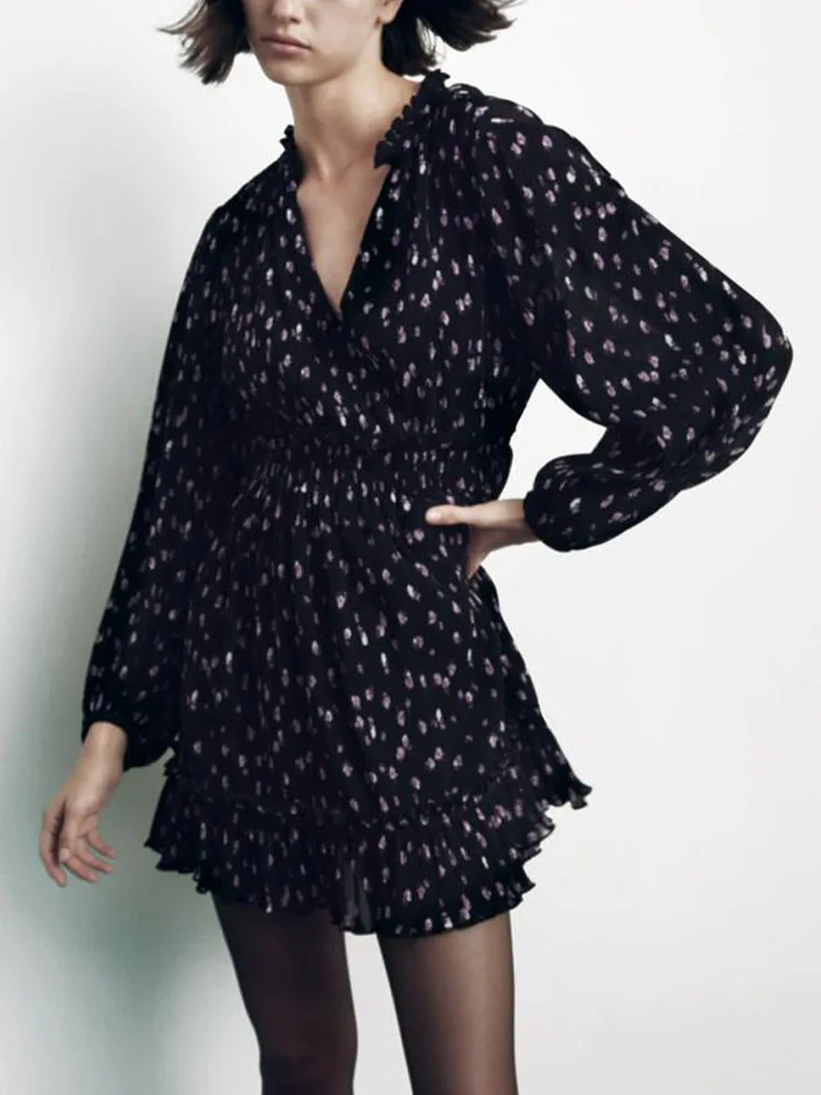 

Женское платье с V-образным вырезом, длинным рукавом и цветочным принтом