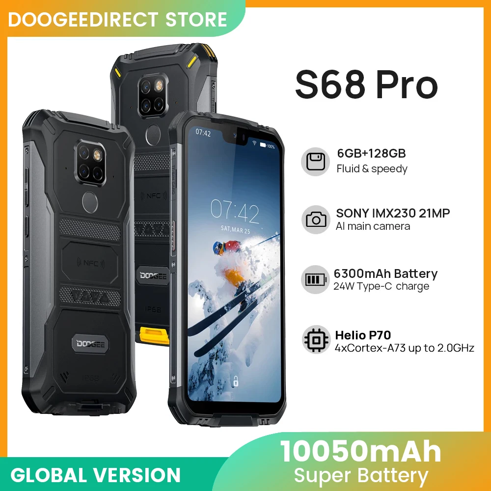 

IP68 Waterproof DOOGEE S68 Pro Rugged Phone Wireless Charge NFC 6300mAh 12V2A Charge 5.9 inch FHD+ Helio P70 Octa Core 6GB 128GB