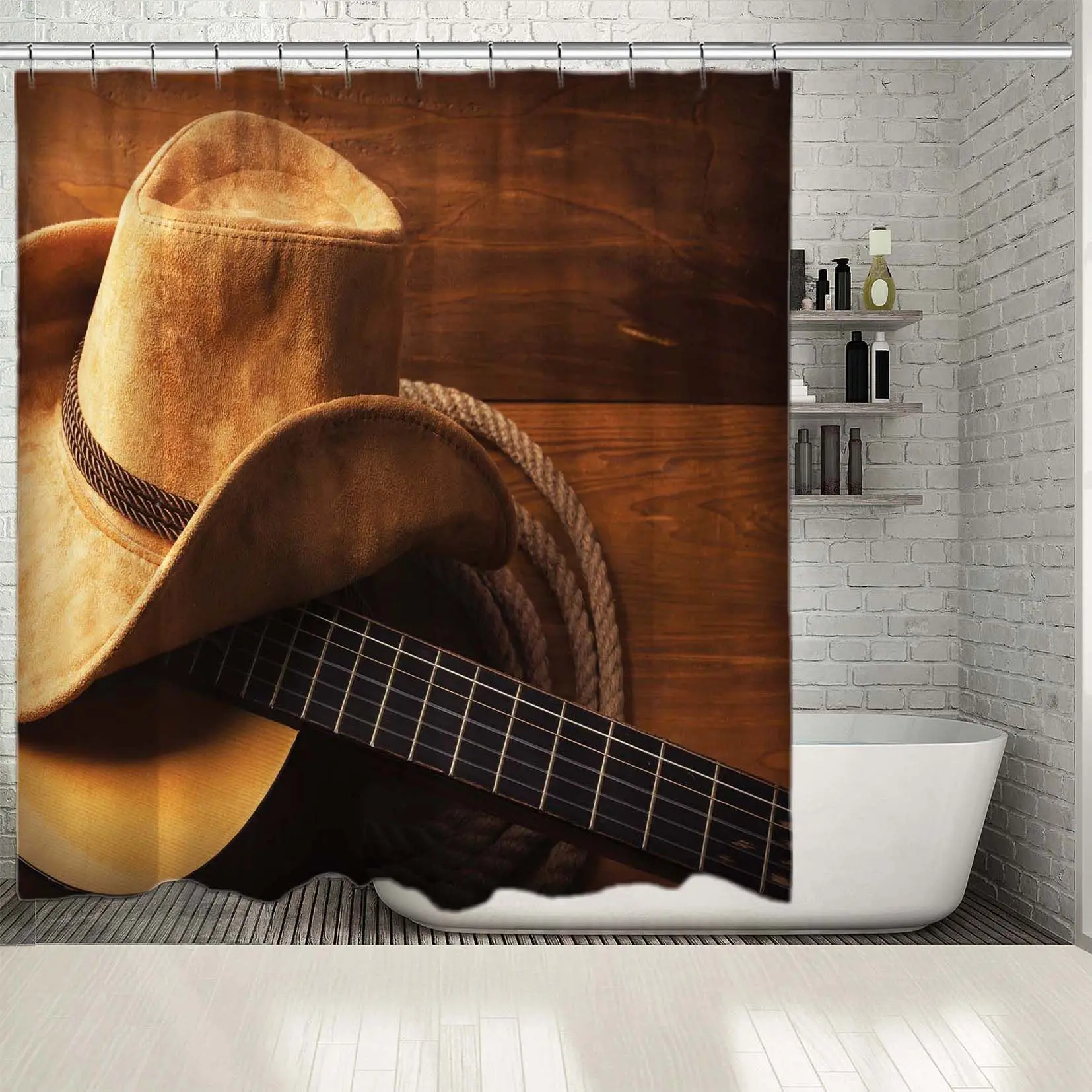 

Shower Curtain Guitar Rope And Cowboy Hat on Wooden Floor American Country Music Theme Photo Printed Brown