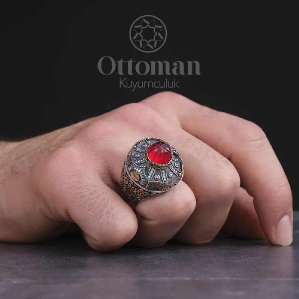Tent Ring Red Natural Gem Men Ring Ottoman Rings For Men Islami Jewelry Oval Ring For Men Natural Red Amber 925 Silver Ring