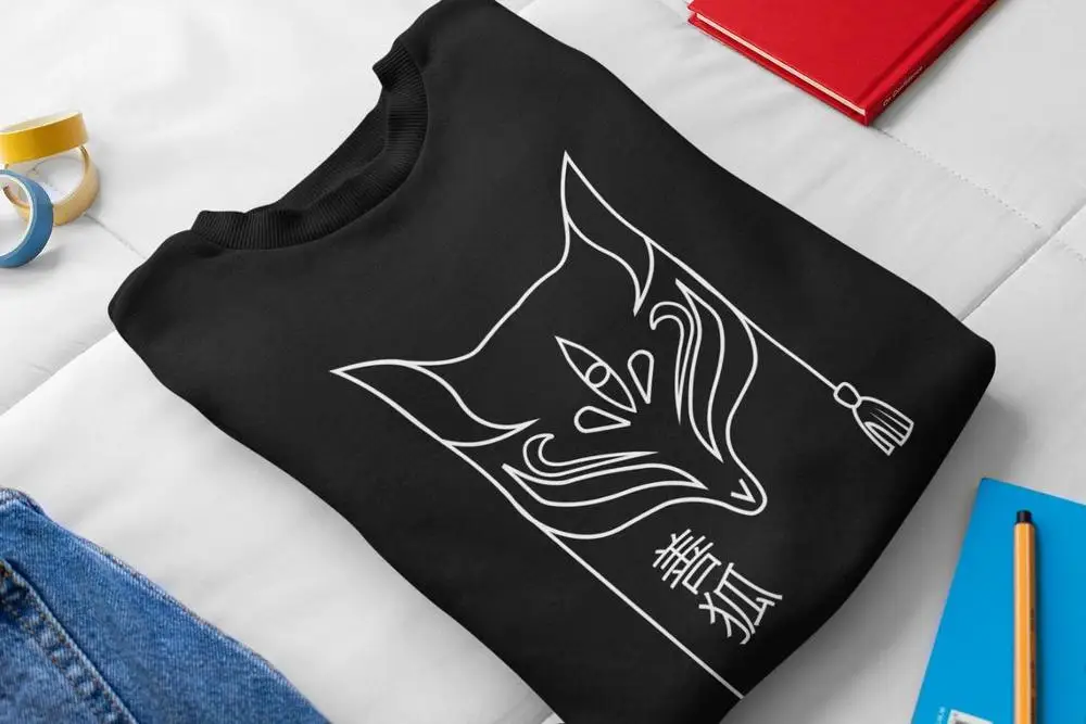 

Japanese Traditional Fox Mask Sweatshirt cute graphic women fashion pure cotton casual hipster vintage pullovers unisex art tops