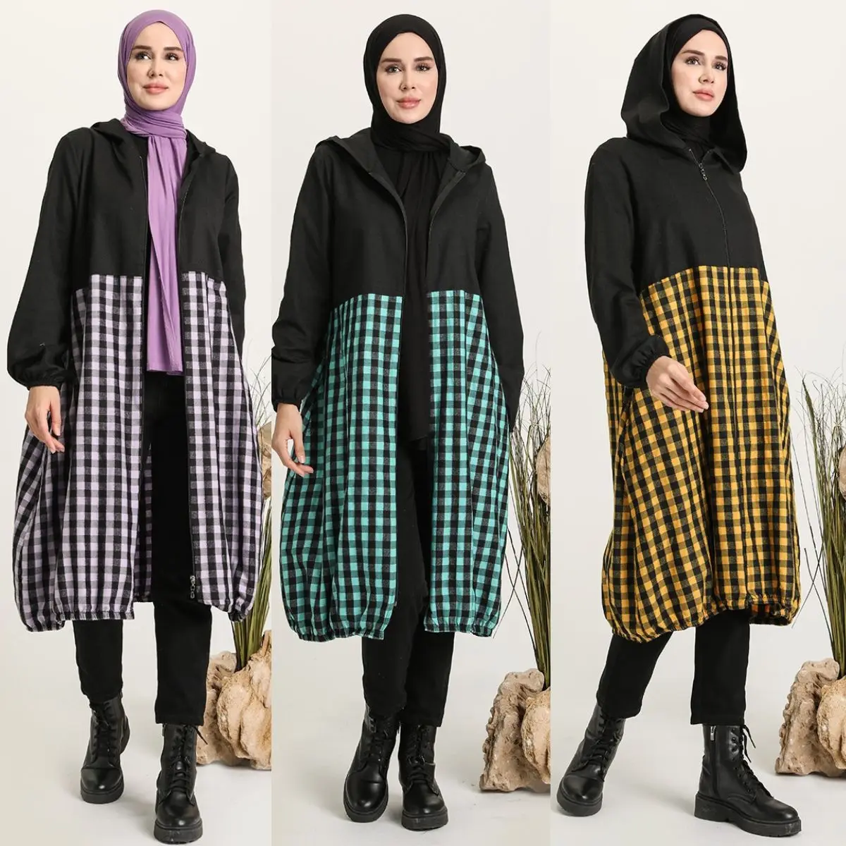 Seasonal Plaid Cap Long Sleeve Zipper Pocket Hooded Women's Fashion Muslim Clothing Ramadan Feast  Turkey  Islamic  Daily Useful