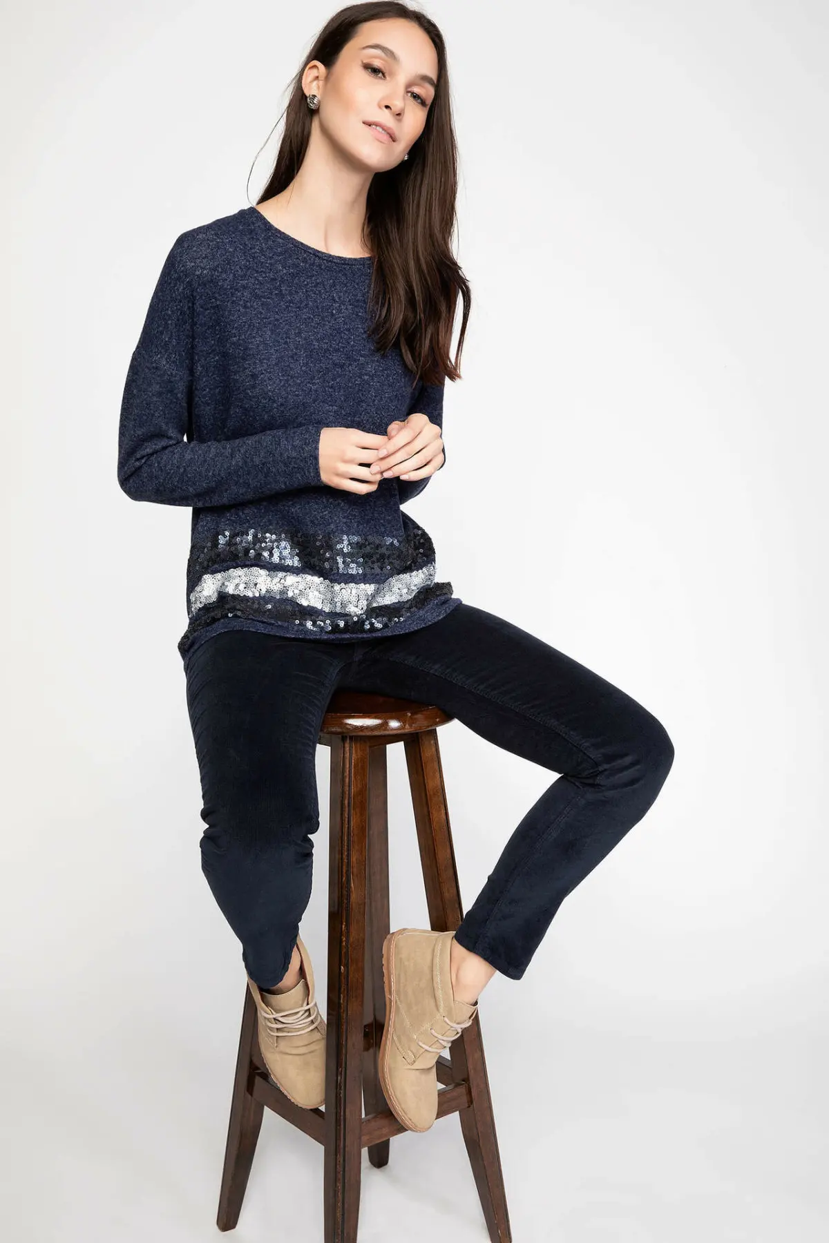 DeFacto Женская темно синяя Трикотажная футболка с длинным рукавом Мужская