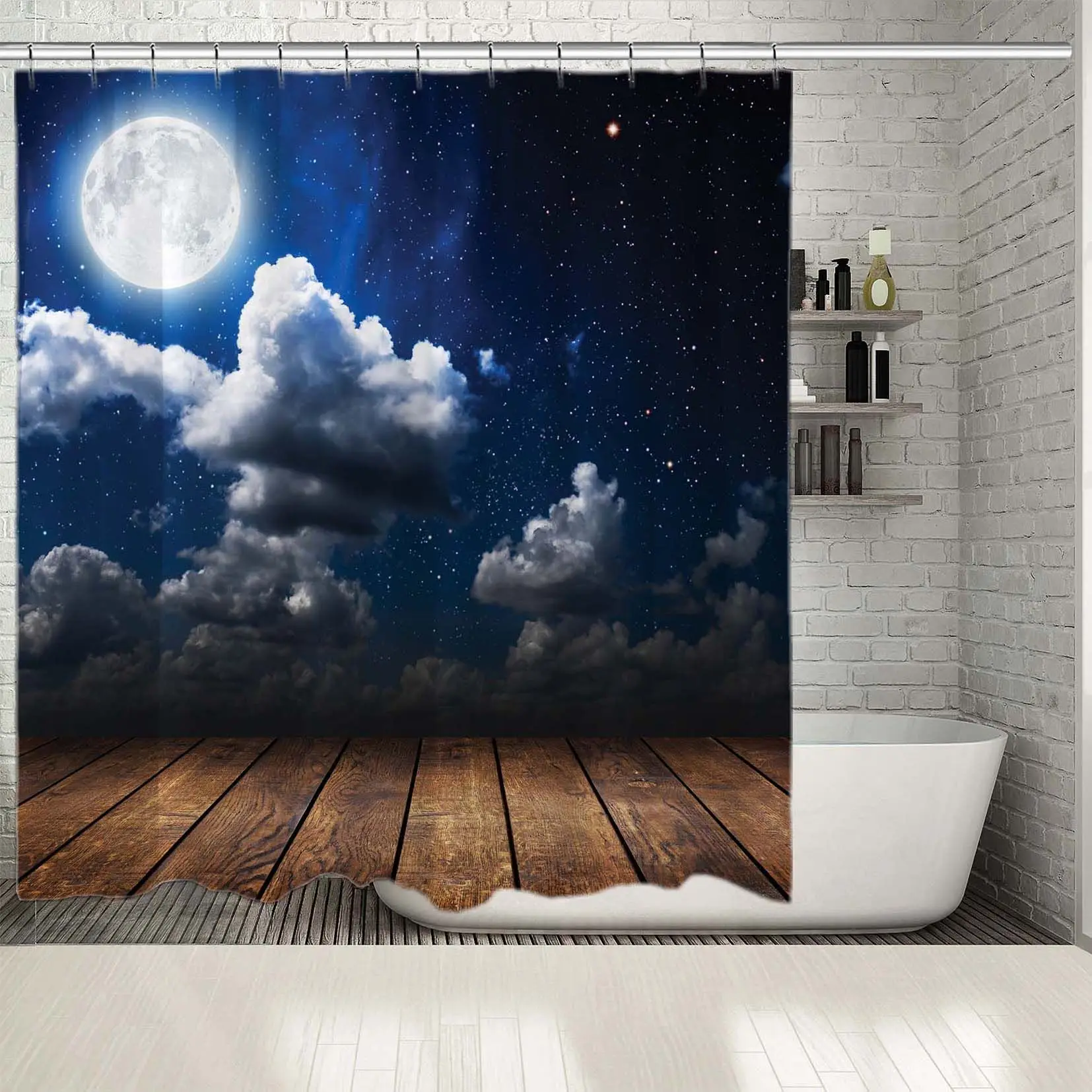 Занавеска для душа ночное небо со звездами полнолуние облака деревянный пол под