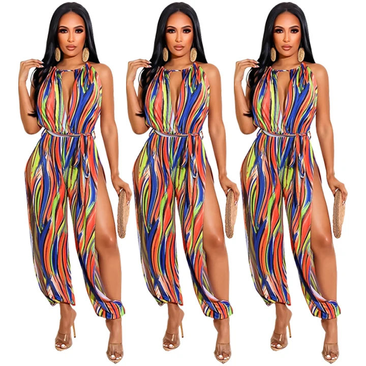 Summer Women Jumpsuits Sleeveless Halter Print Loose Rompers Sexy Night Club Party Elegant One Piece Outfits