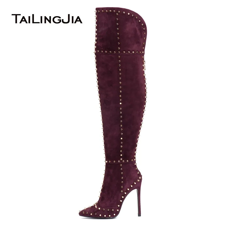 

Стильная женская зимняя обувь Tailingjia на высоком каблуке с острым носком и шпильками 2021 женские бордовые черные сапоги до бедра с шипами