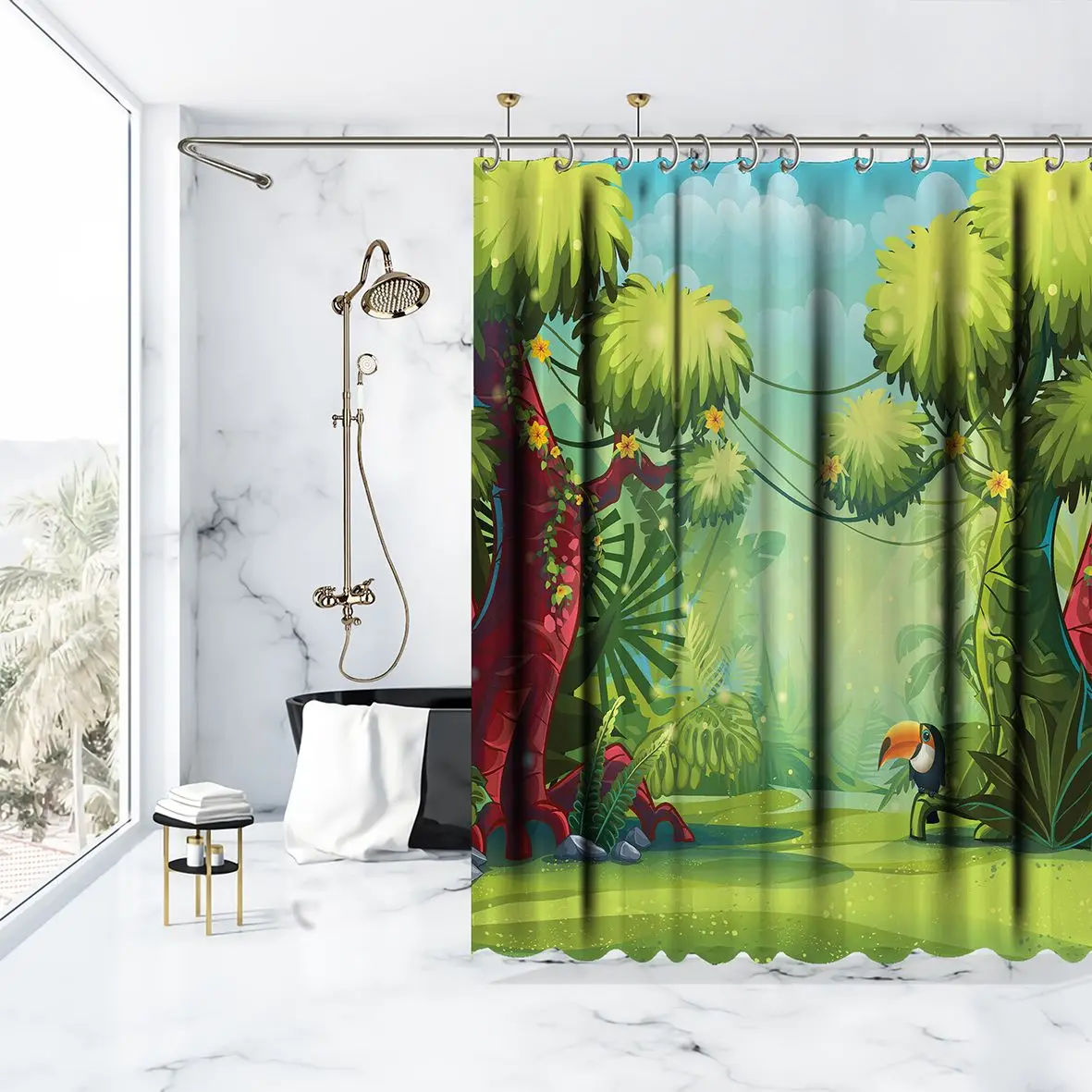 Занавеска для душа Toucan деревья и цветы джунгли дикая жизнь иллюстрация