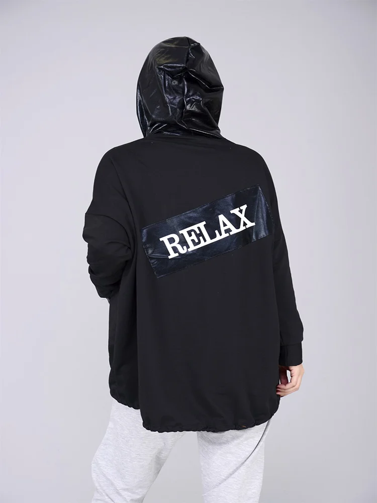 Relax Back Text Patterned Cotton Fabric Hooded And Zippered Black Color Winter Pocketed Sweatshirt 2022 New Fashion Women's Tops