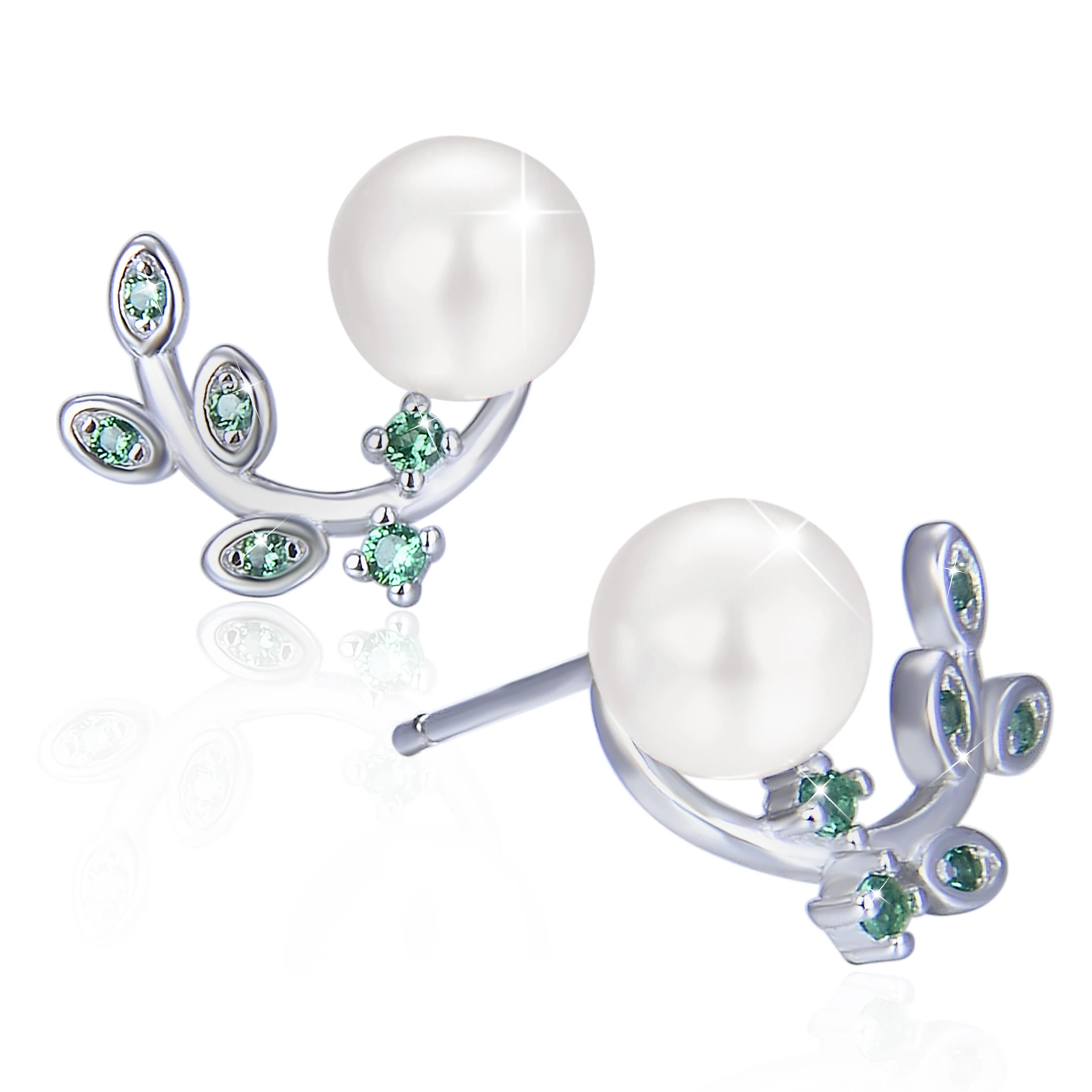 

ANNA QUEEN Women's White Pearl Stud Earrings 925 Sterling Olive Branch Cubic Zirconia Earrings PEW0088