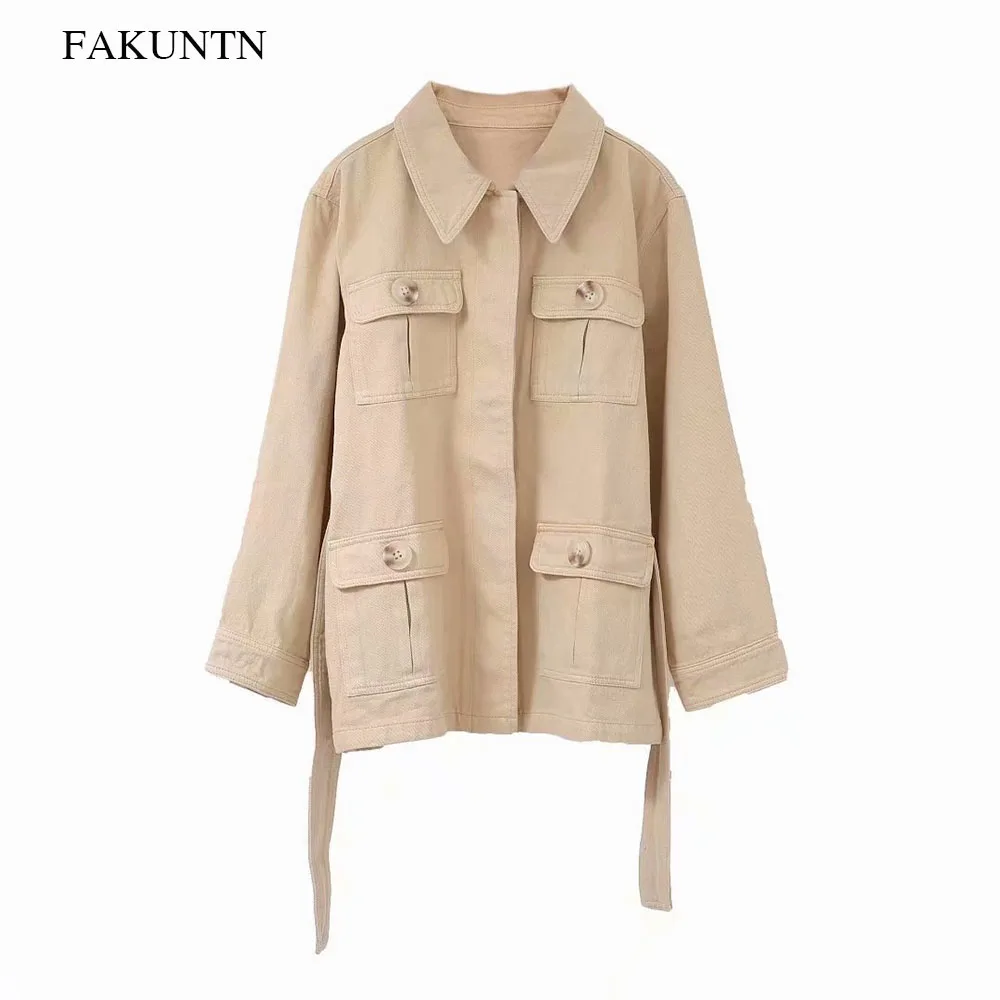 

Women 2020 New Fashion Jacket Coats Four Pockets With Belt Jacket Coats Vintage Lapel Long Sleeve Female Outerwear Chic Tops