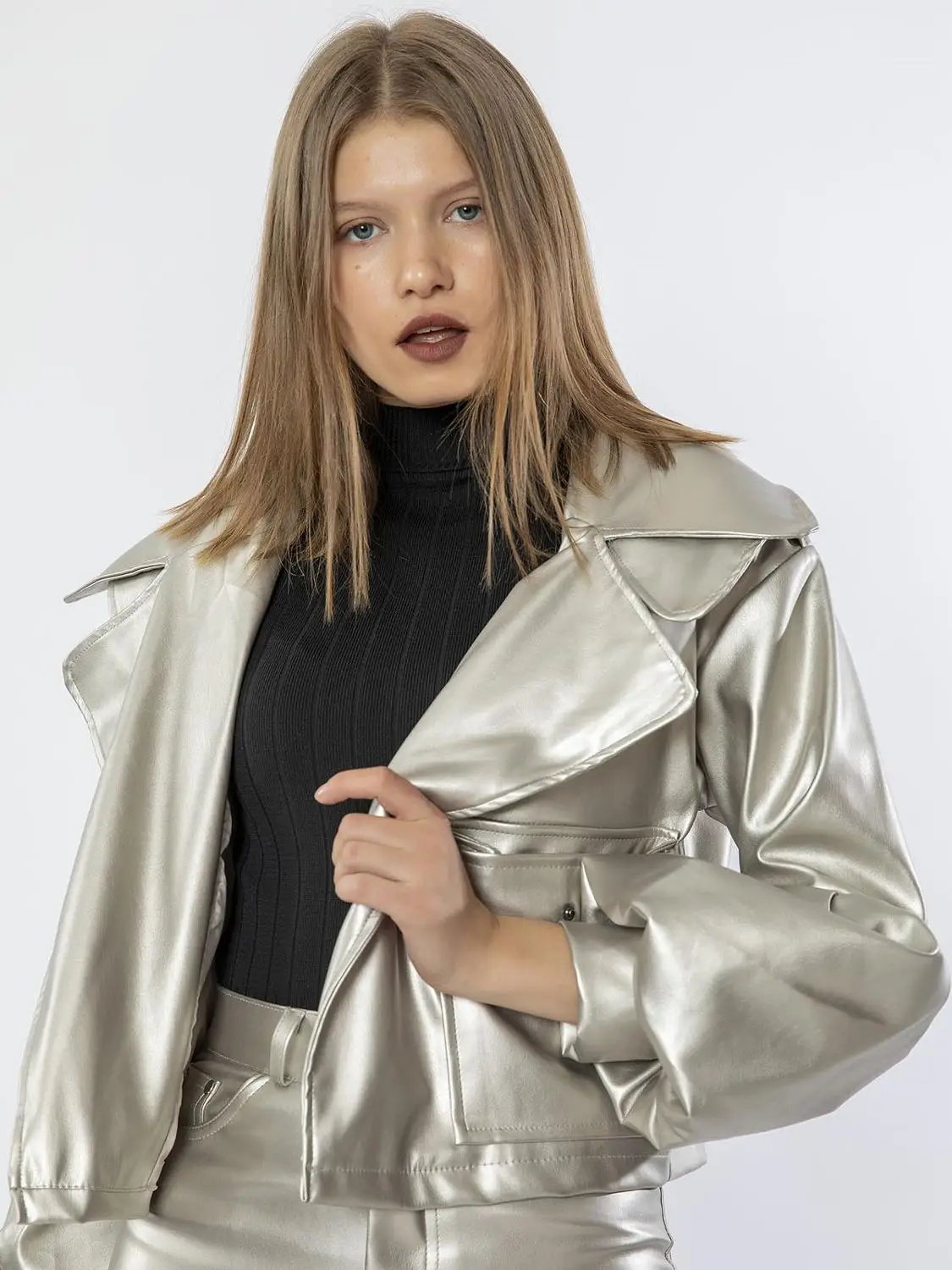 Womens Leather Jacket Long Sleeve Balloon Detail Autumn Winter Coat Pocket