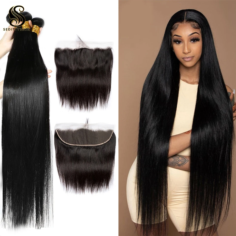 Sedittyhair 28 30 Inch Brazilian Straight Bundles With frontal13x4 cheap Frontal With 3 4 Bundles human hair bundle with frontal