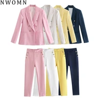 za women sets white blazer set woman 2 pieces double breasted pink blazer trouser suit 2021 office womens elegant suit pants