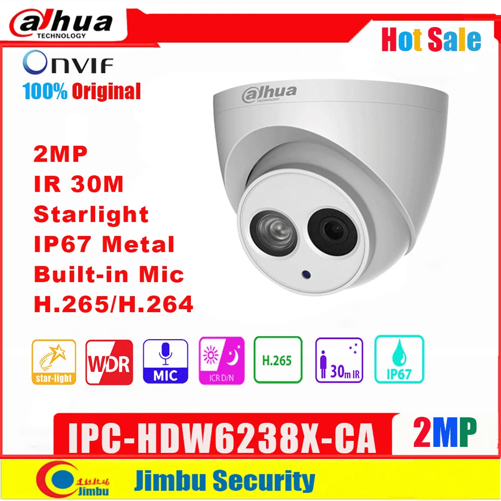 

Dahua IP Camera 2MP IPC-HDW6238X-CA Starlight H.265 Built-in Mic IR 30m Waterproof IP67 Onvif Security metal Dome CCTV Camera