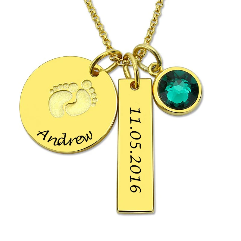 

Women Custom Name Date Necklace Personalized Letter Baby Feet Disc Bar Necklaces Silver 925 Choker Nameplate Push Gift for Mom