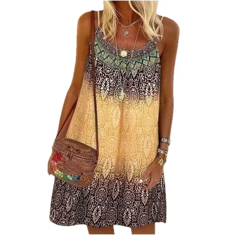 Платье женское в стиле бохо винтажный сарафан-трапеция на бретелях-спагетти с