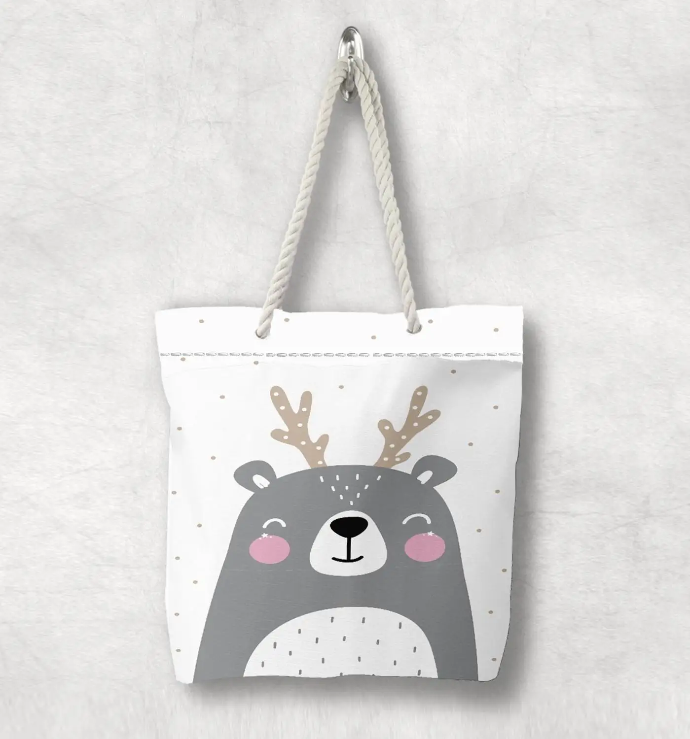 

Else Gray White Pink Deer Cute Animals Scandinavian White Rope Handle Canvas Bag Cartoon Print Zippered Tote Bag Shoulder Bag