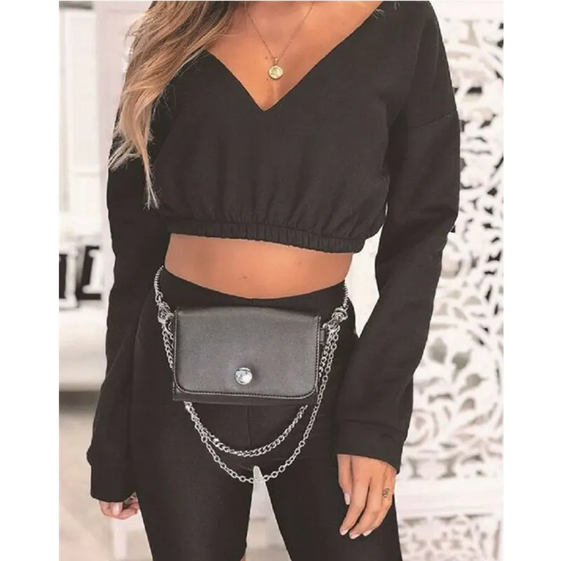 Женская рубашка повседневная с длинным рукавом v-образным вырезом укороченные