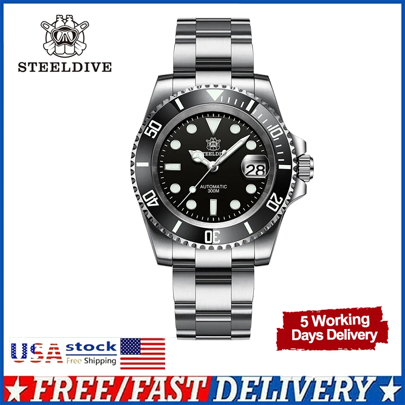 Steeldive SD1953 Men's Diver Watch NH35 Automatic Mechanical Wristwatches Cyclops Sapphire Ceramic Bezel BGW9 Luminous 30Bar