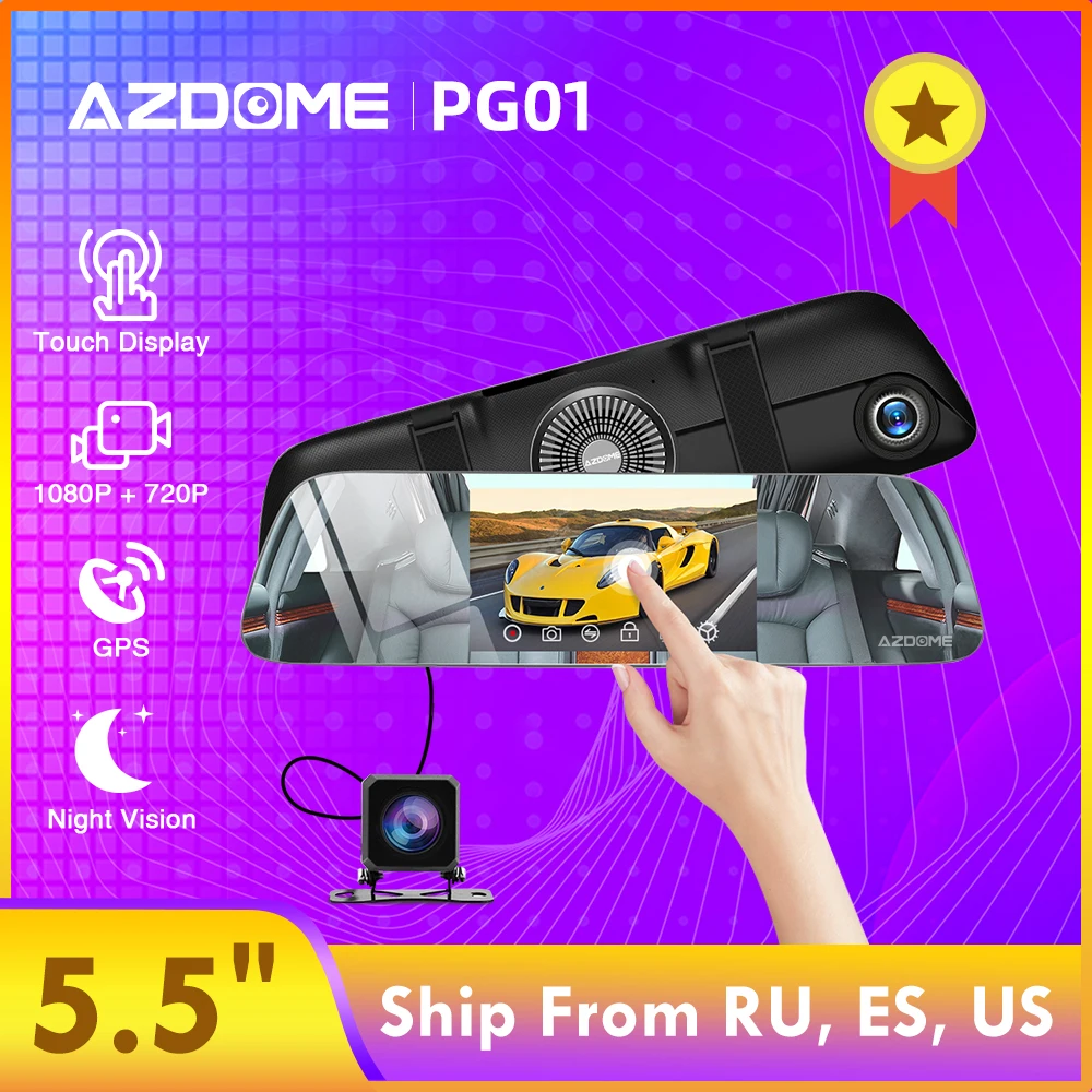 AZDOME PG01 супер режим ночного видения зеркало видеорегистратор Двойной объектив 1080P+ 720P камера рекордер 5," ips сенсорный экран заднего вида DVR
