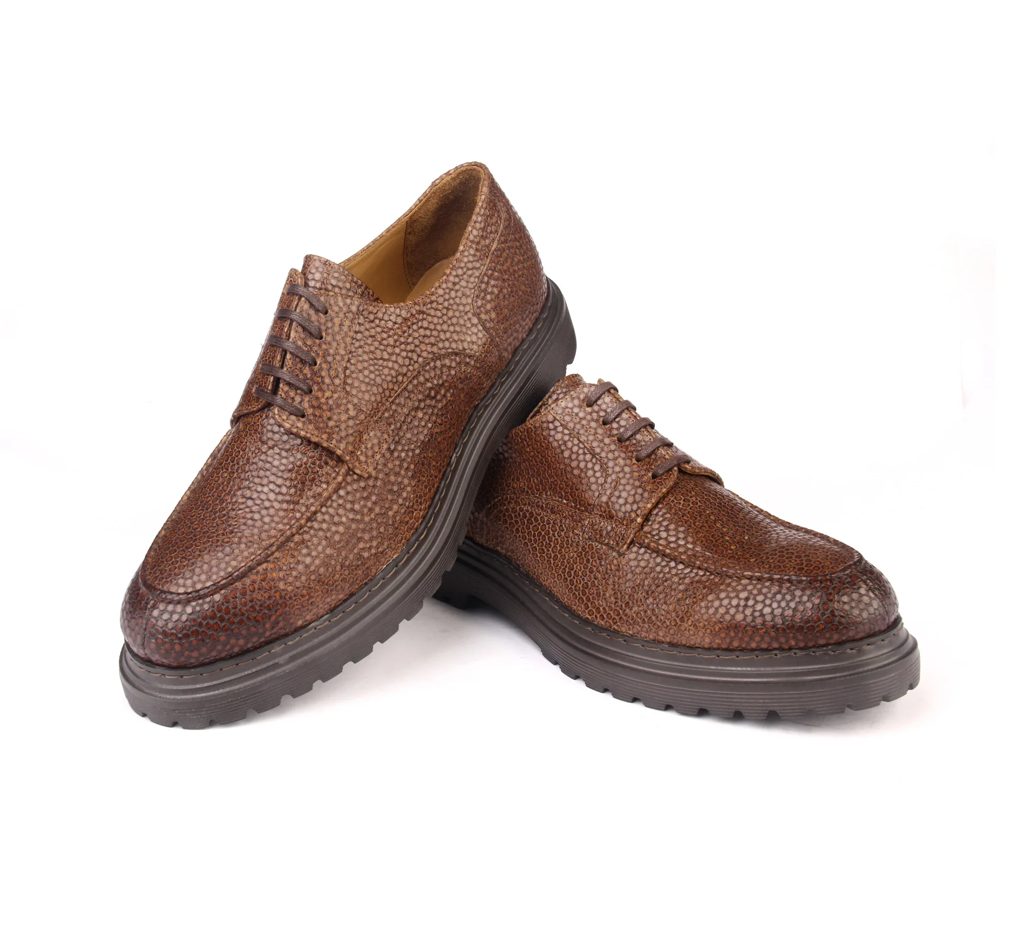 

Handmade Casual Derby Shoes with Stingray Patterned Calf Leather, Tobacco Light Brown, Height Increasing Lightweight EVA Sole