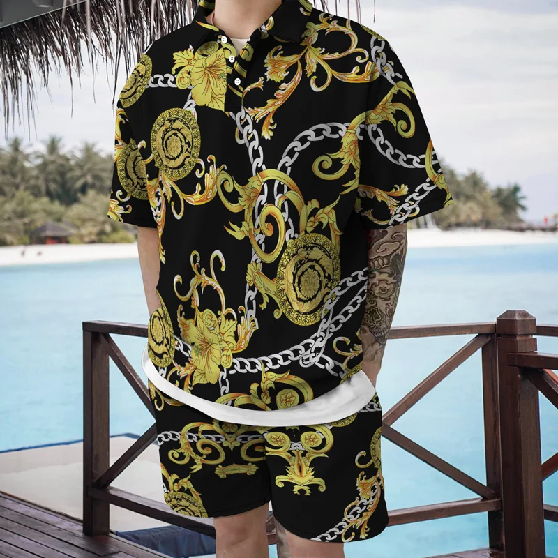 

Hawaiian Beach Summer Cool Breeze Fashion Retro Chain Printing Men's Two-piece 3d Digital Printing Loose Polo Short Sleeve Set