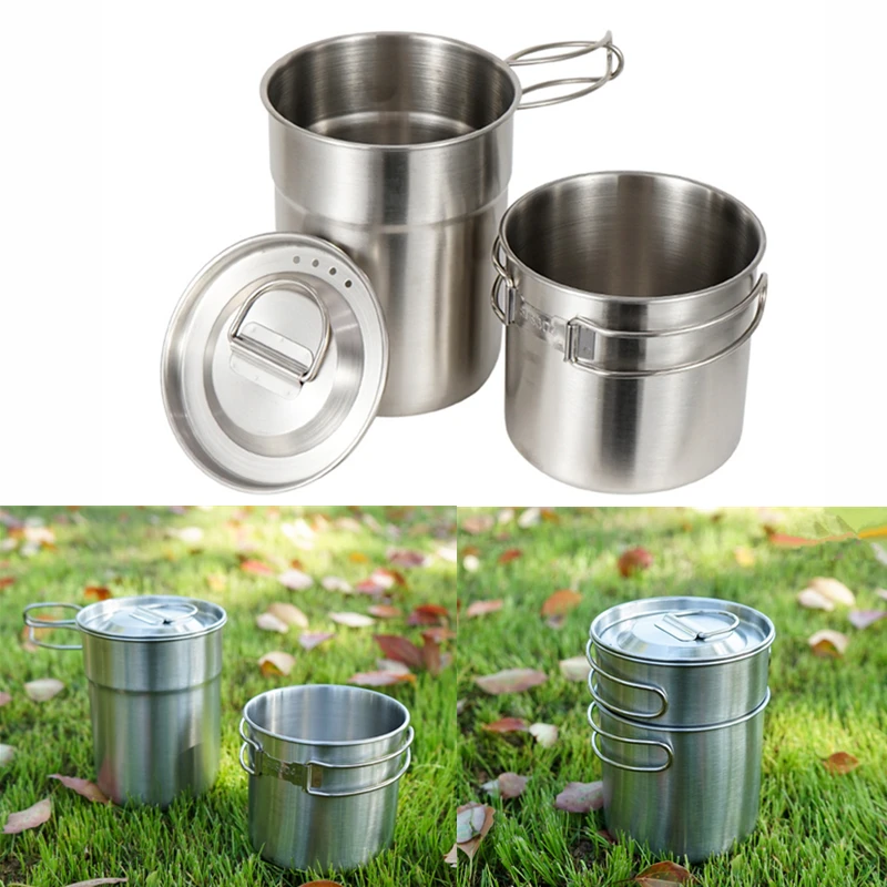 

2Pcs Stainless Steel Pot Portable Camping Water Mug Cup with Folding Handle Picnic Cookware Set