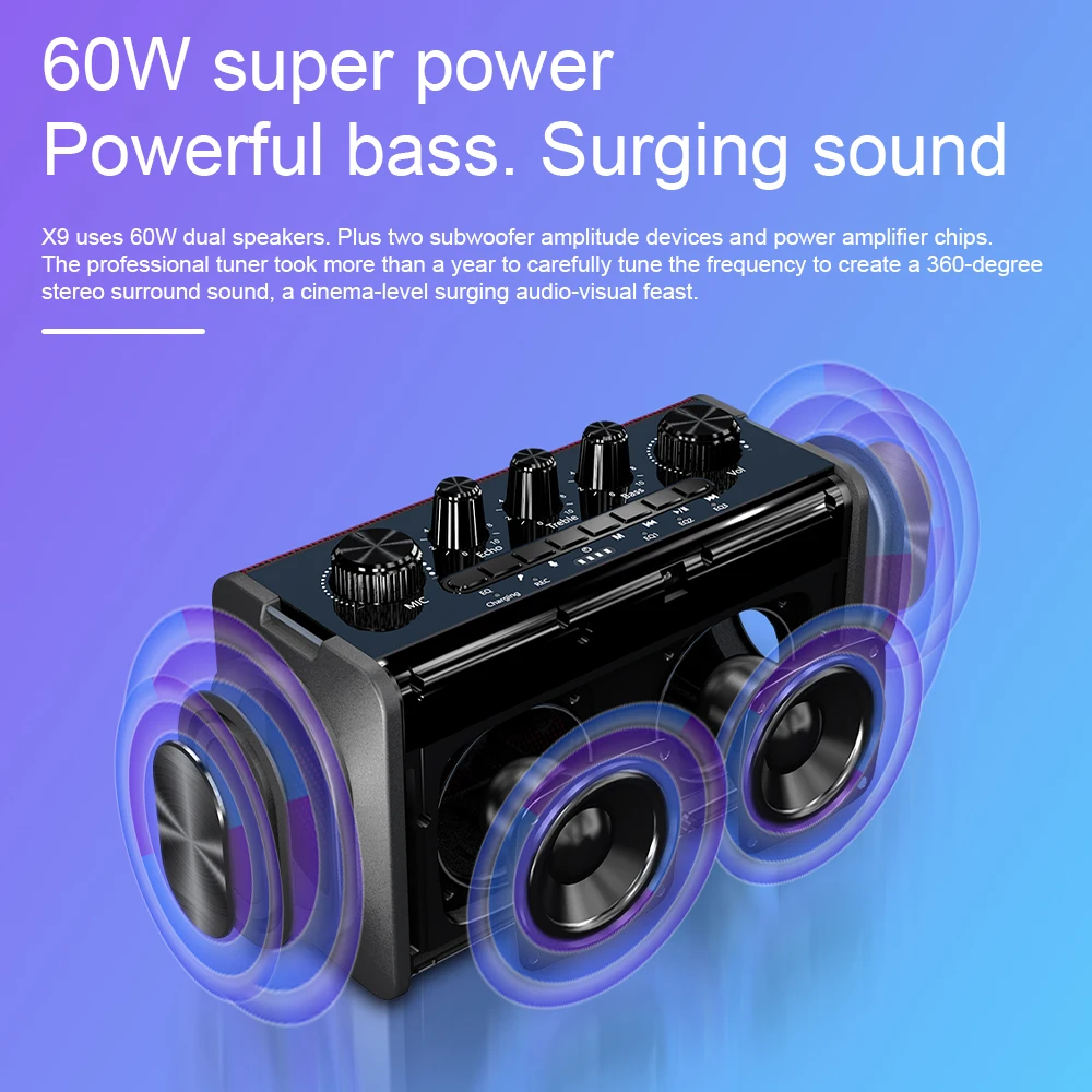 xdobo x9 60w bluetooth portable speaker deep bass square speaker ipx5 waterproof speaker surround sound voice assistant free global shipping