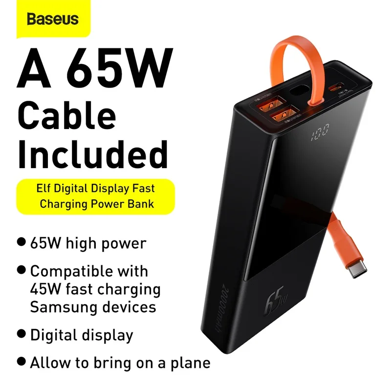 External Battery Baseus with digital display fast charging 20000 mAh 65 W cable Type C for Samsung S 21 and Power bank Xiaomi phone Portable charger