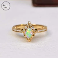 aazuo 18k pure solid yellow gold natural opal real diamonds original classical cuban chian oval shape ring gift for woman party
