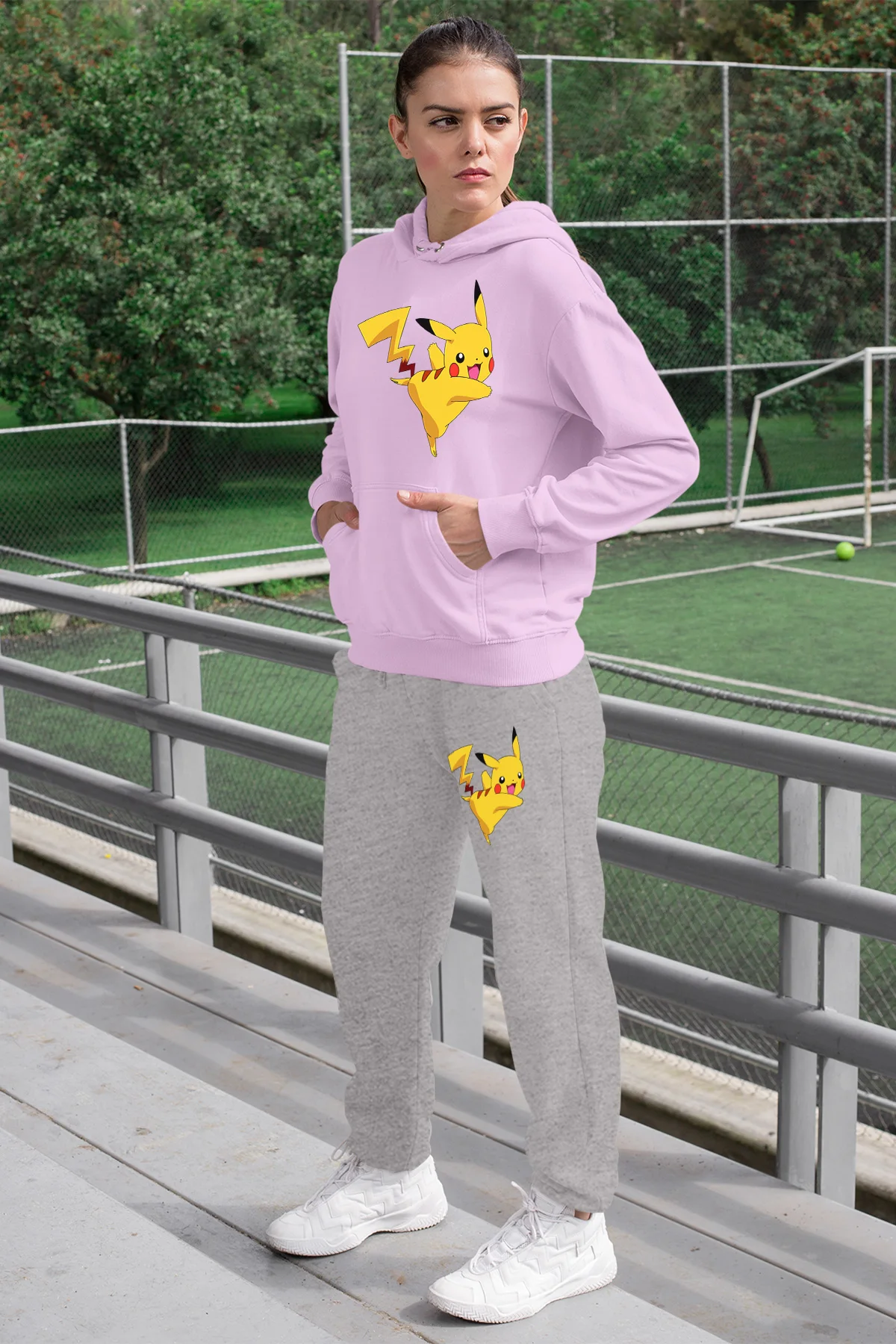 Женский спортивный костюм Angemiel розовый свитшот с капюшоном и серые спортивные