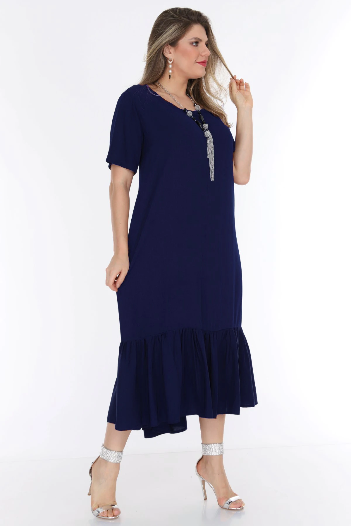 Для женщин размера плюс с коротким рукавом летнее платье Темно синие 1569|Женские