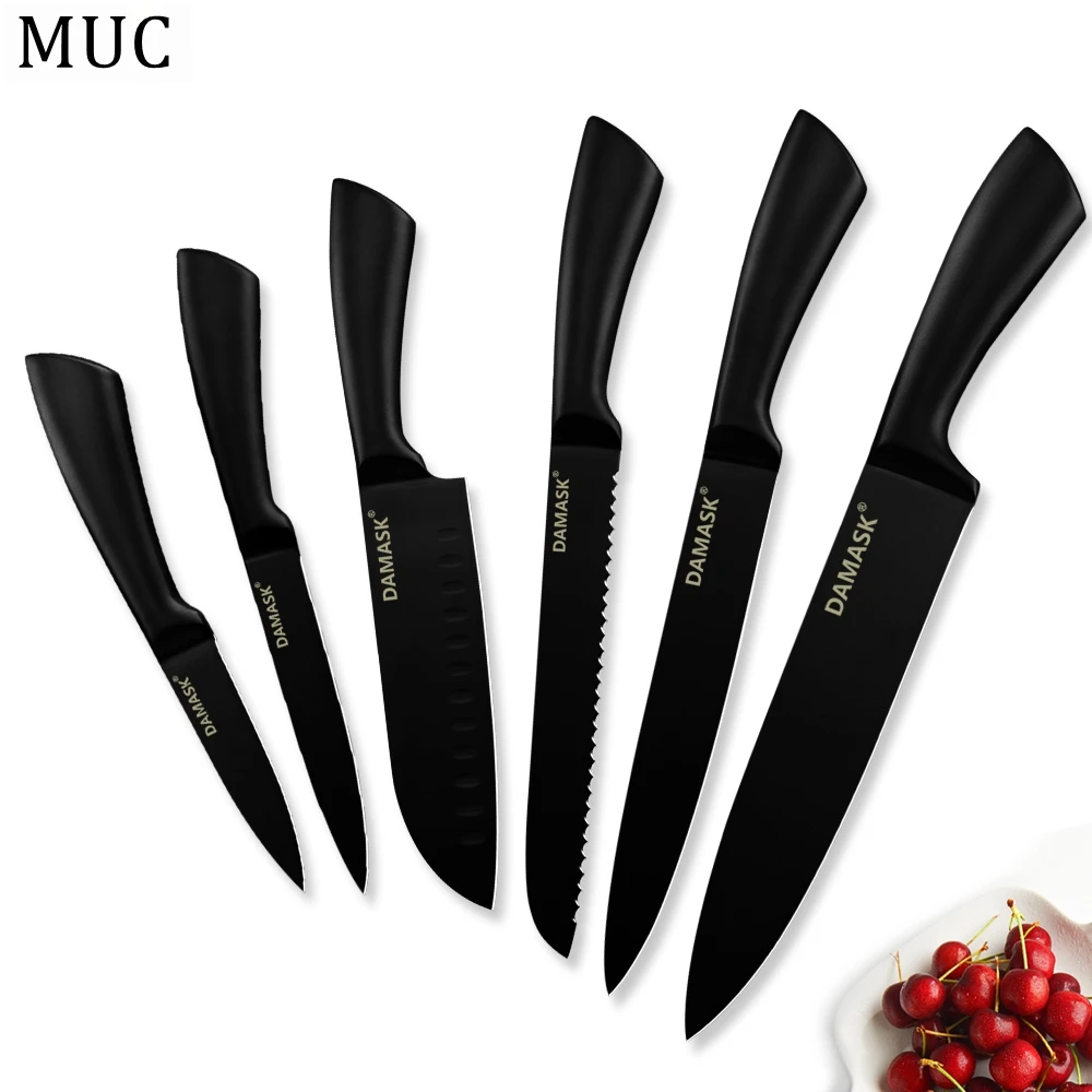 DAMASK 3Cr13Mov набор ножей из нержавеющей стали Santoku Универсальный черный нож