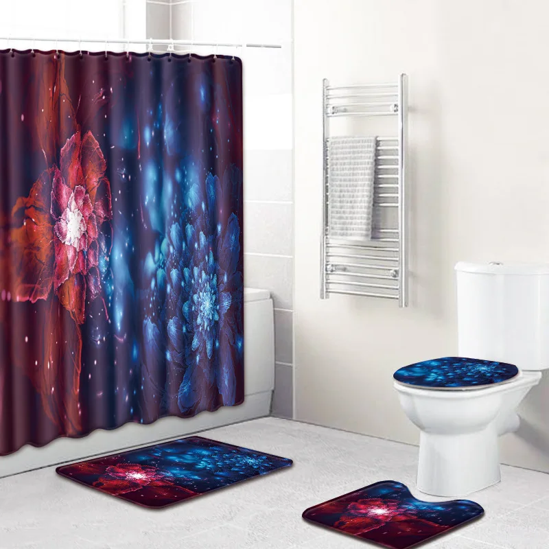 4pcs/set Flower Print Shower Curtain Bath Mat Waterproof Polyester Bathroom Fabric Pedestal Rug Lid Toilet Cover Pad Hook | Дом и сад